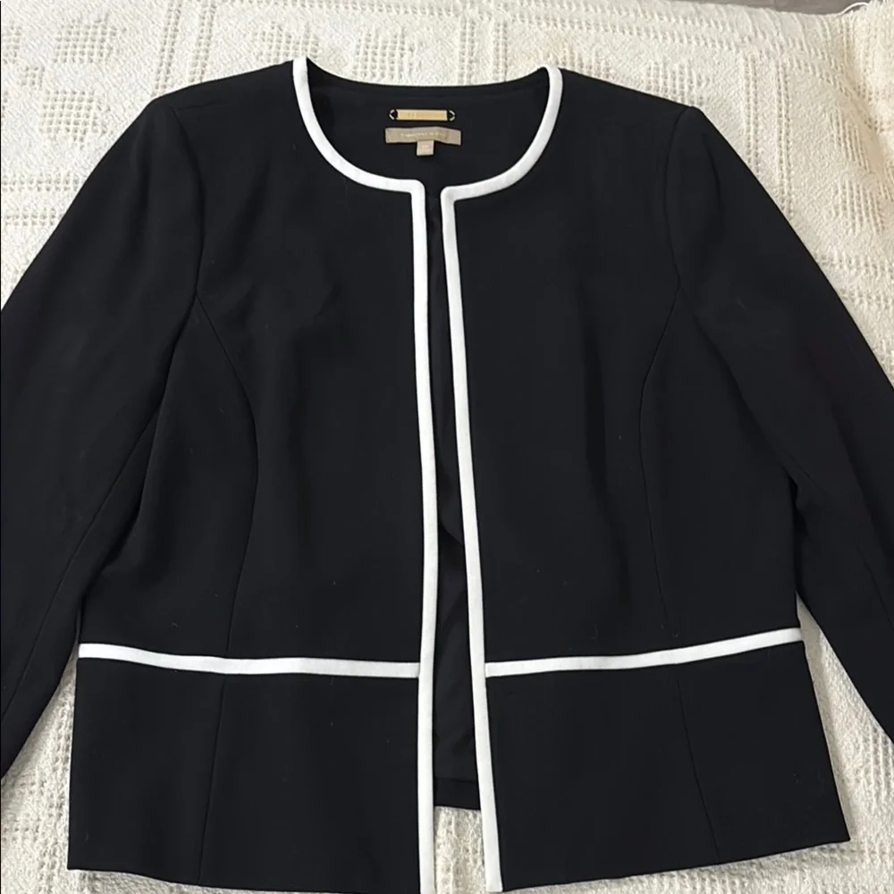 Talbots Black White Trim Open‎ Front Fabric Knit In Italy Blazer Size 14p